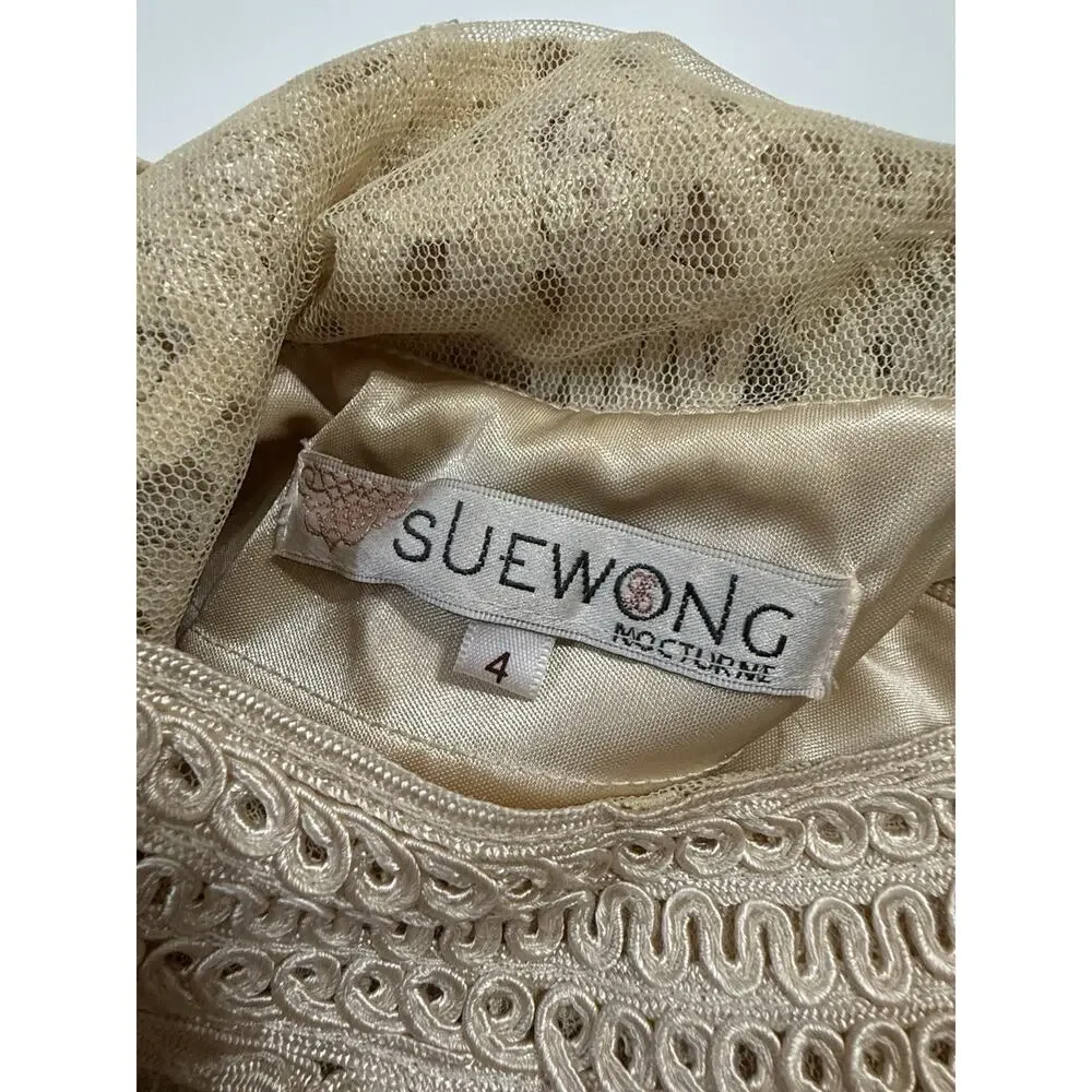 Sue Wong Nocturne Beige Lace Cocktail Dress Size 4 Embroidered Sheath Evening - Picture 11 of 12